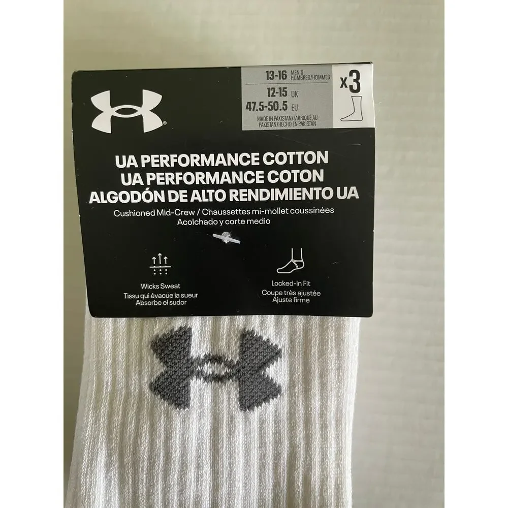 3 Pair Under Armour Cotton Mid Crew Athletic White Socks Size XL NEW